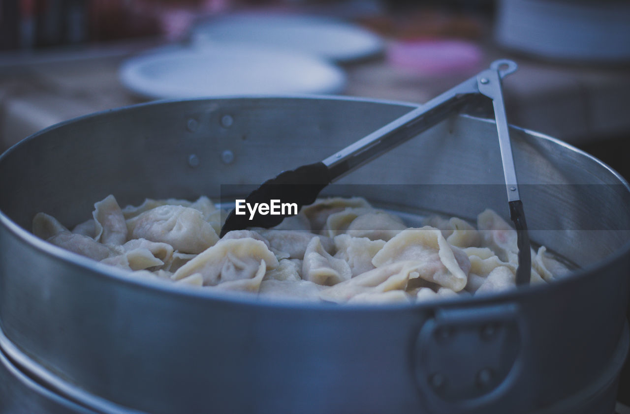 High angle view of dumplings in container