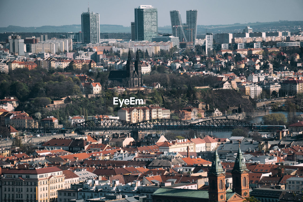 High angle view of buildings in city