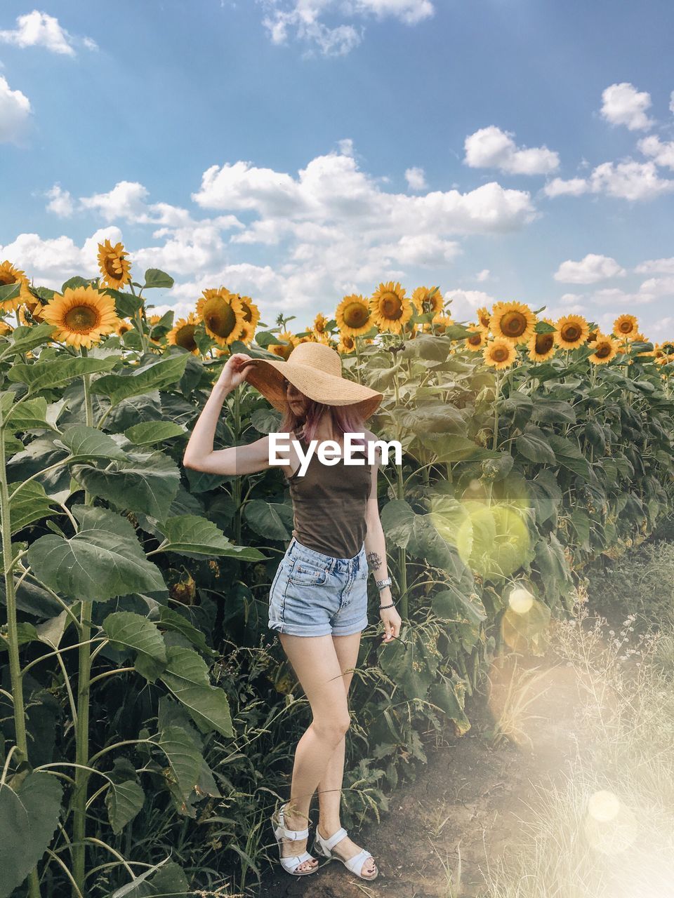 Woman standing by sunflowers on field