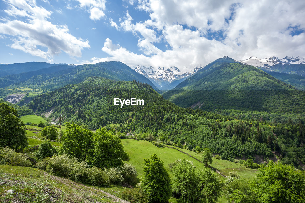 Scenic view of landscape and mountains against sky