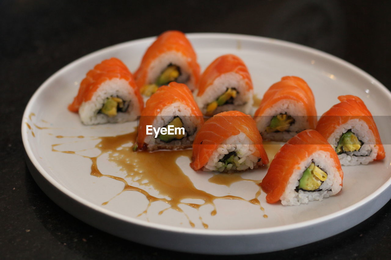 Close-up of sushi served in plate