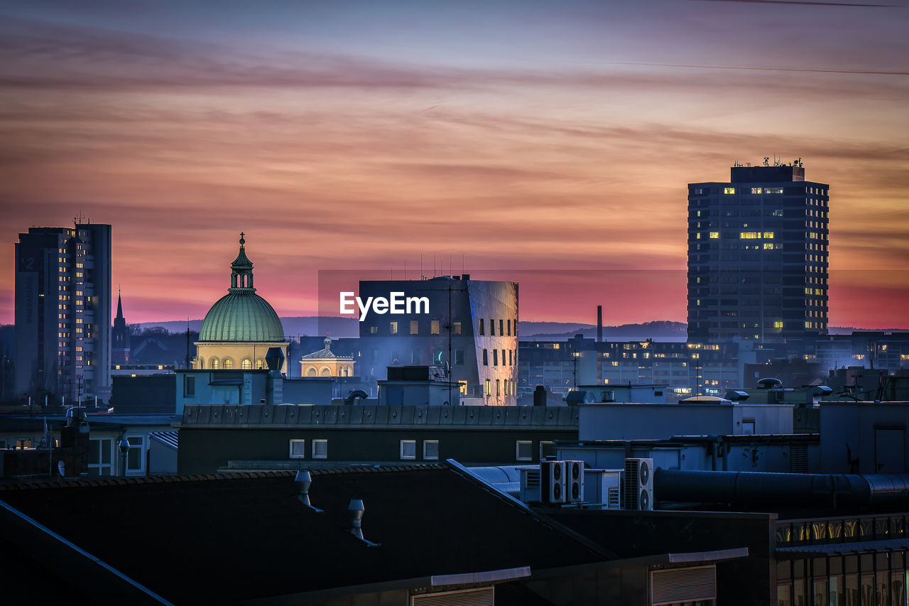 Detailed skyline from hannover during an evening with orange sky