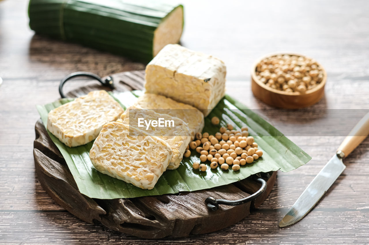 Tempeh on a wooden table