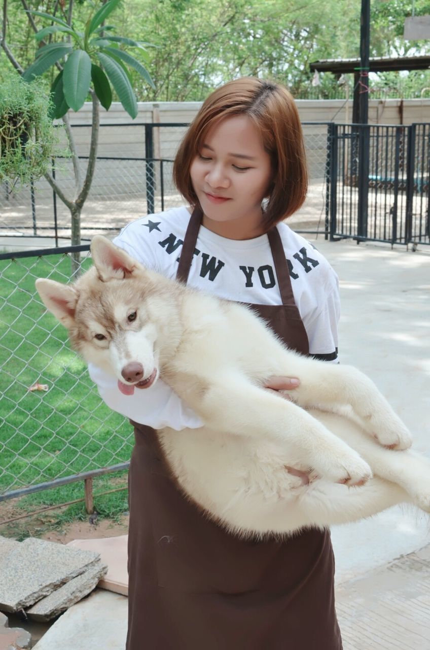 Woman carrying siberian husky while standing on footpath