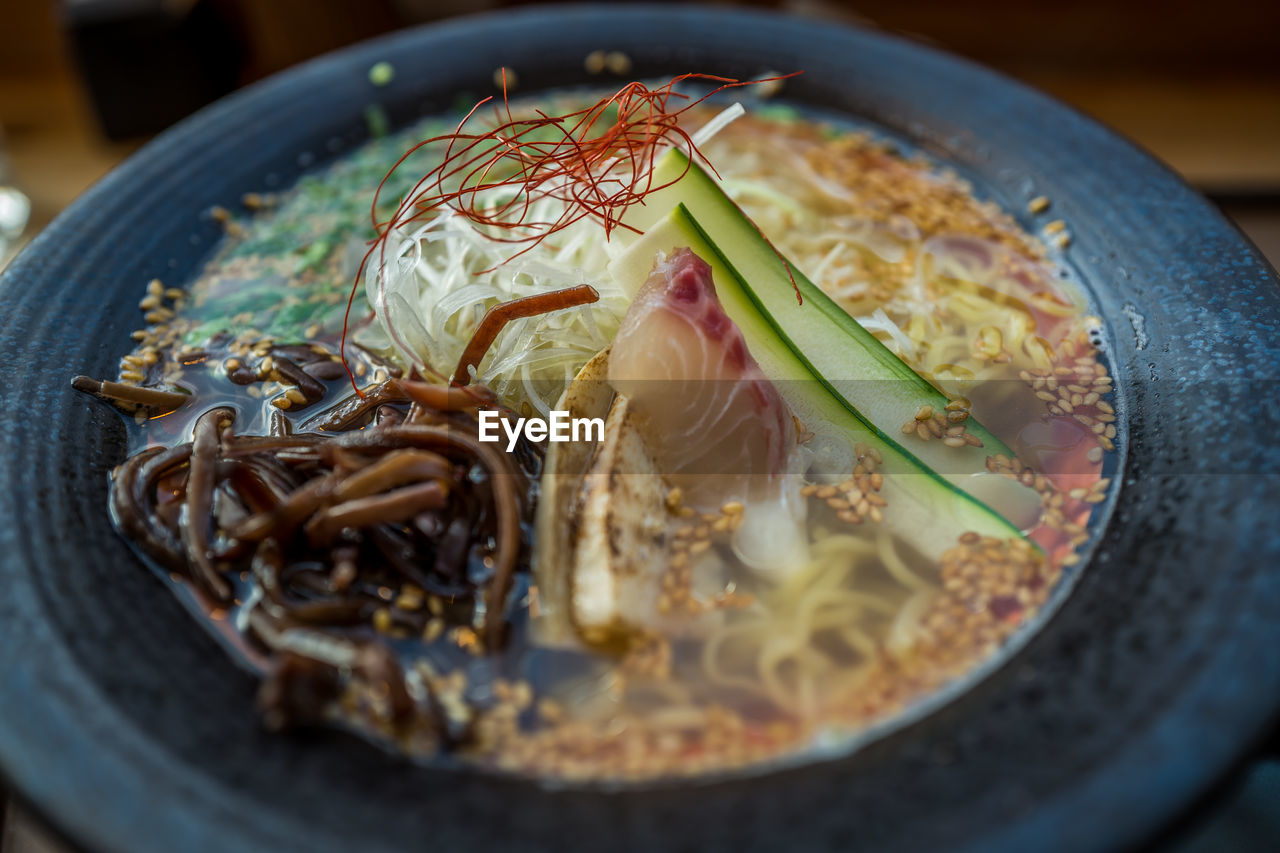 High angle view of soup served indoors