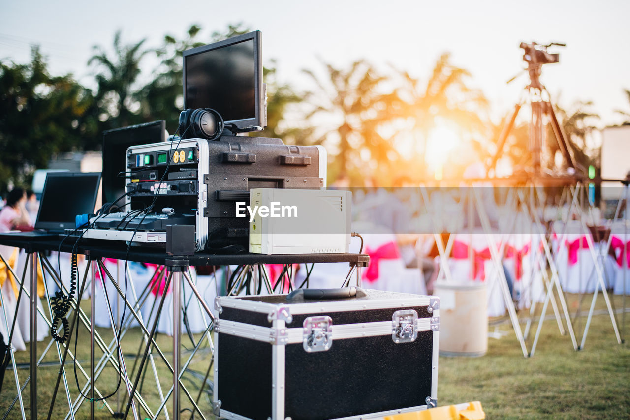 Close-up of recording equipment and technology at event