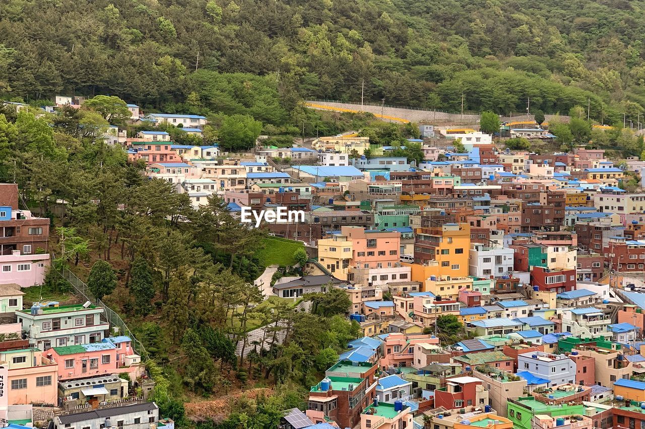 High angle view of houses and trees in town