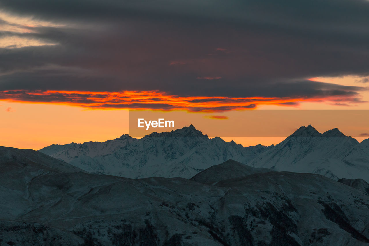 Sunset in the mountains of chechnya in the caucasus