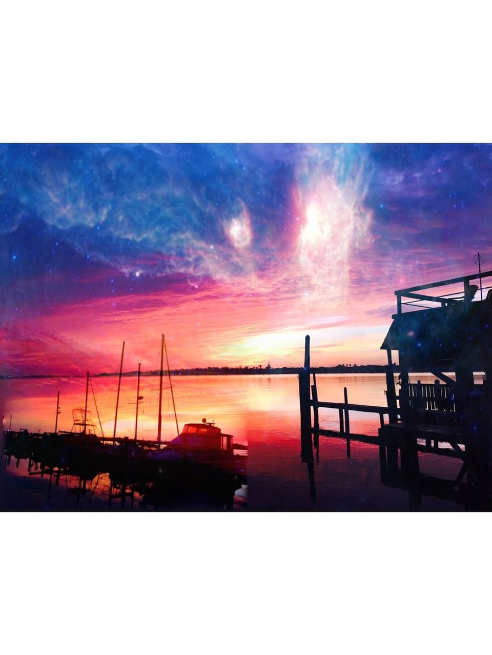 Digital composite image of boats moored in lake during sunset