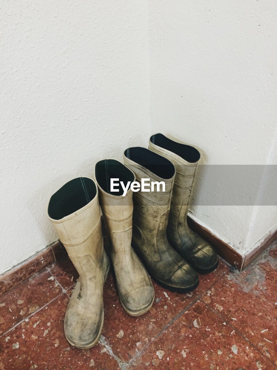 Elevated view of dirty rubber boots