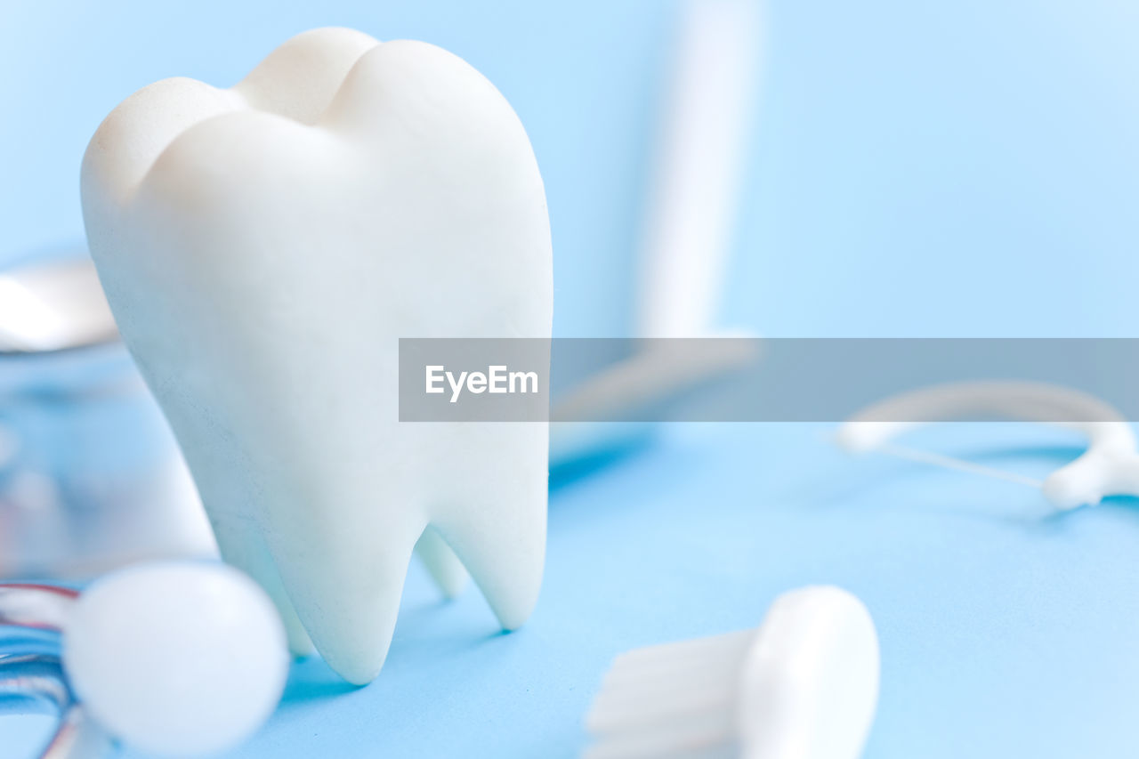 Close-up of artificial tooth on table