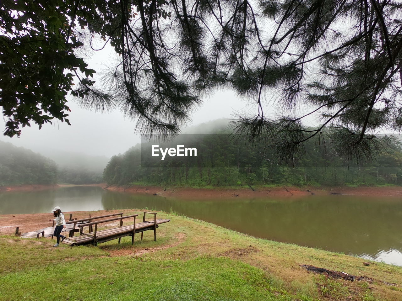 PEOPLE ON LAKE BY TREES