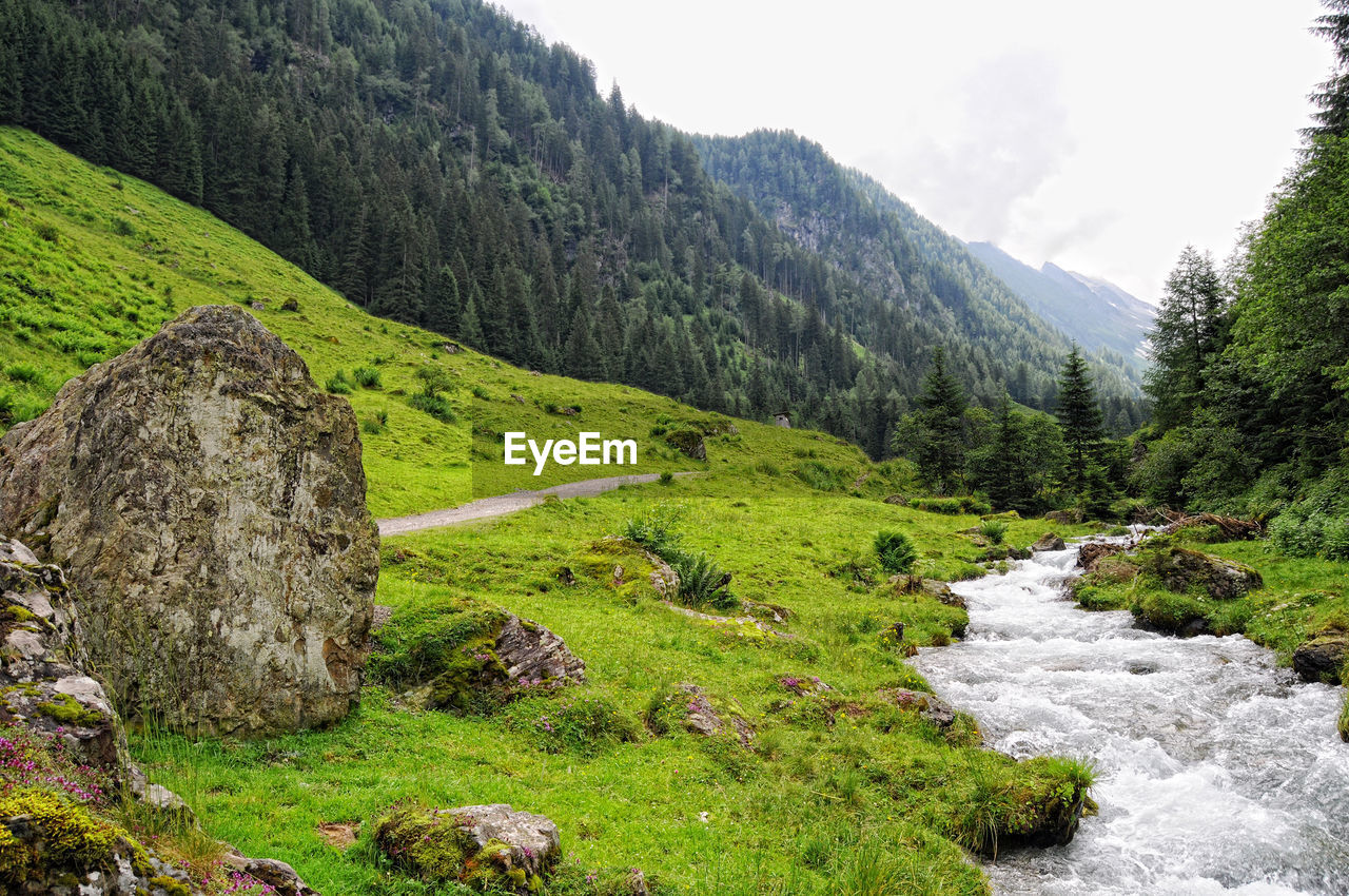 View of stream along countryside landscape