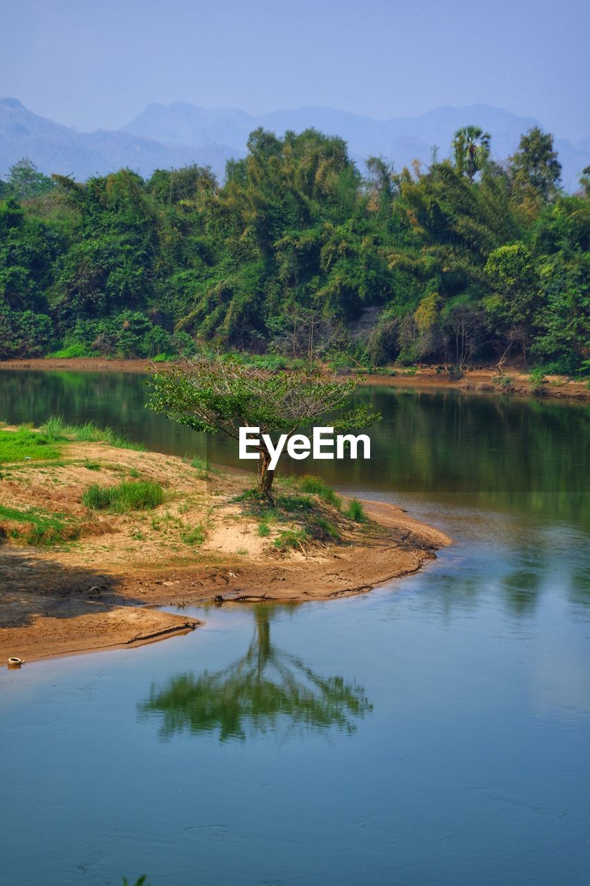 Scenic view of lake by trees against sky