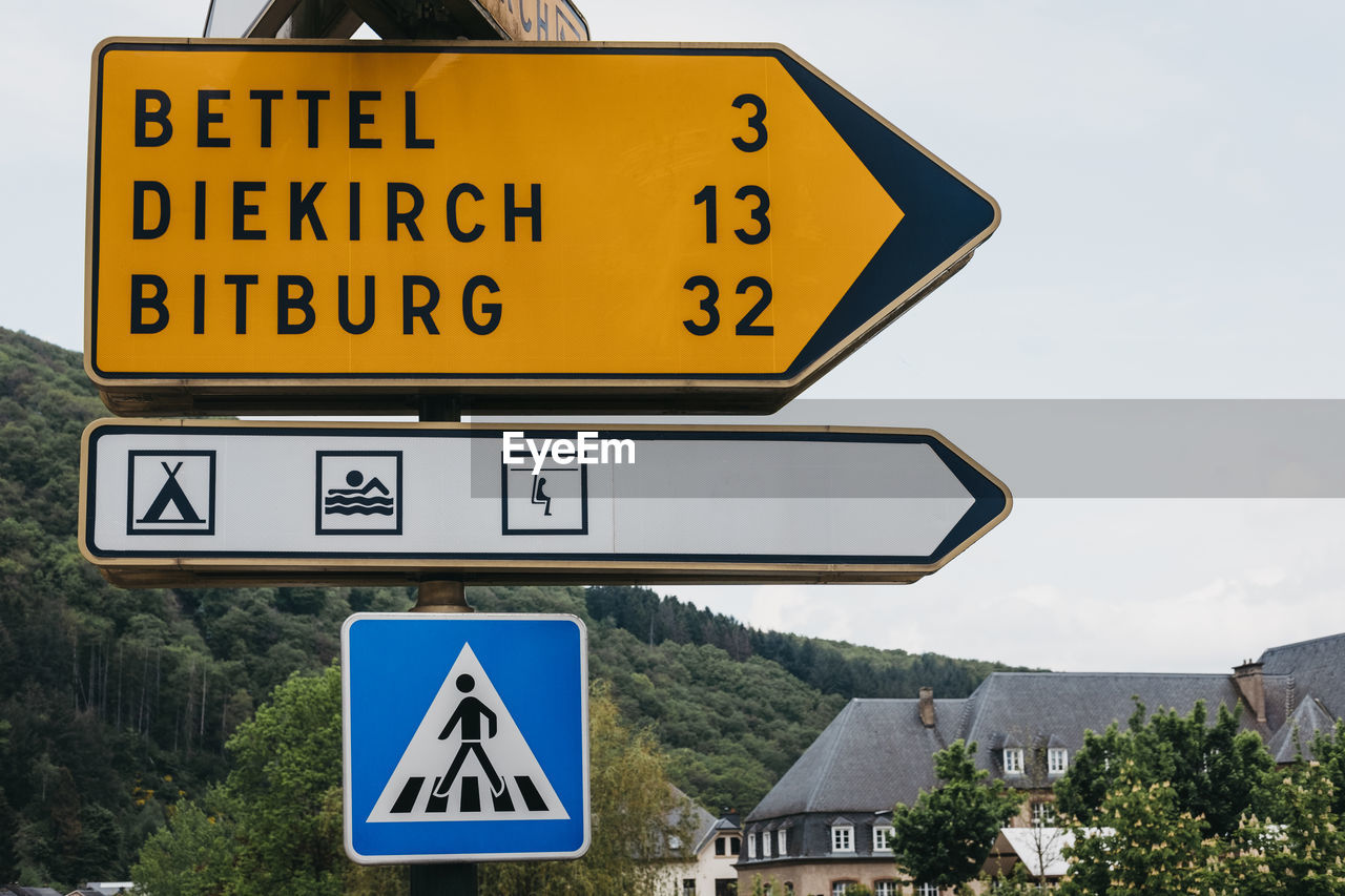 Low angle view of road sign against sky