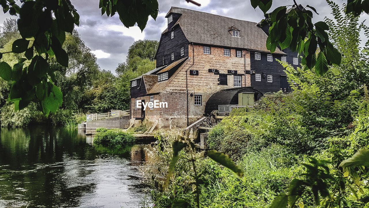 TREES BY RIVER AGAINST BUILDING