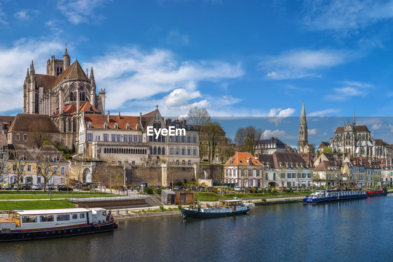 View of auxerre cathedral and abbey of saint-germain from yonne river, auxerre, france