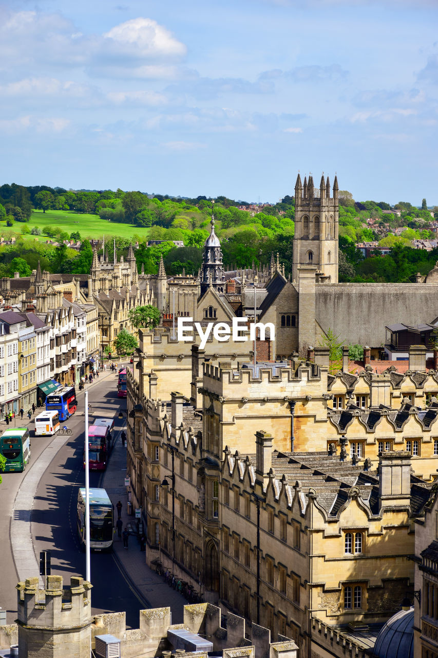 High angle view of college buildings in oxford city