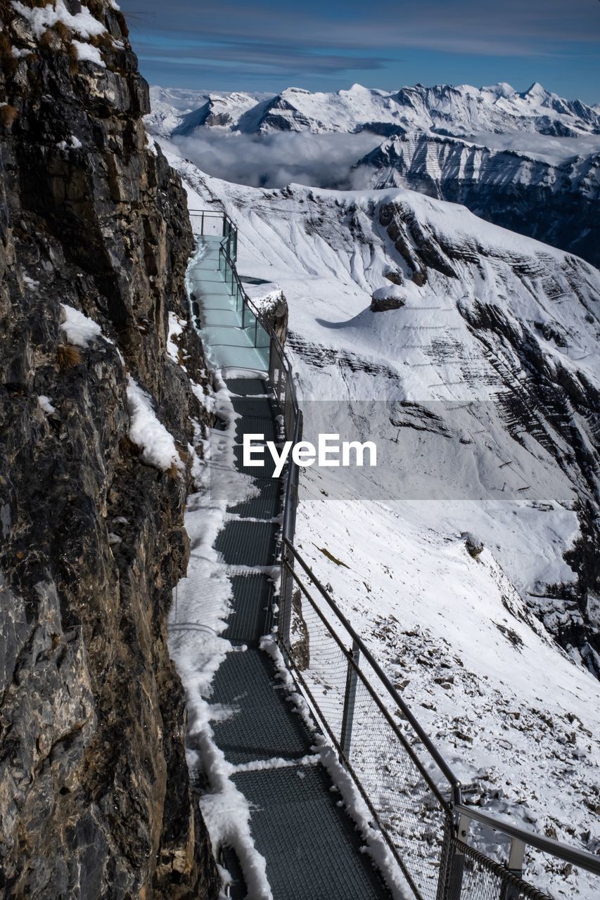 High angle view of snowcapped mountains against sky