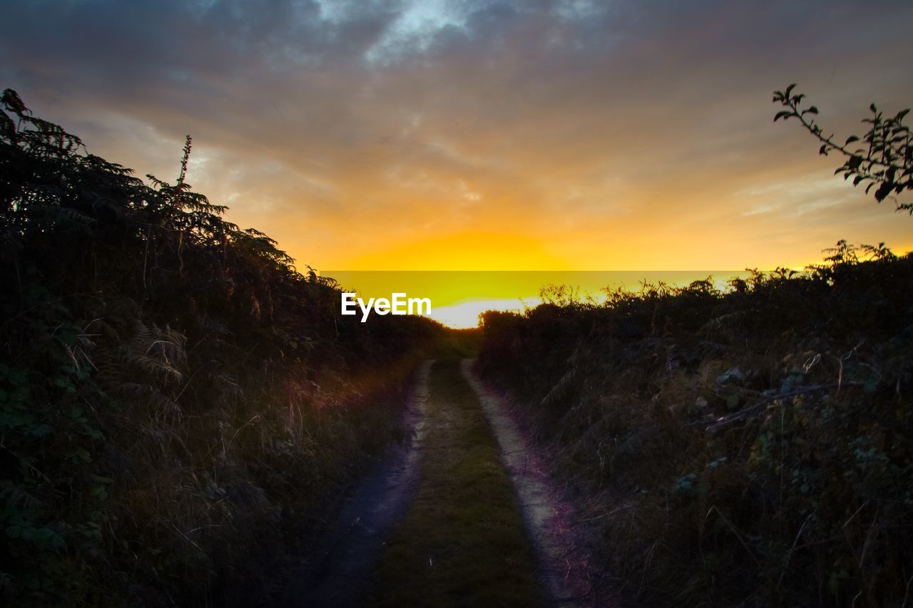 DIRT ROAD AMIDST FIELD AGAINST SKY DURING SUNSET