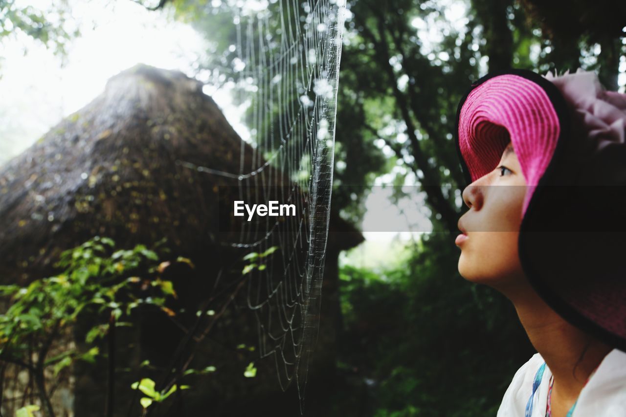 Girl looking at spider web