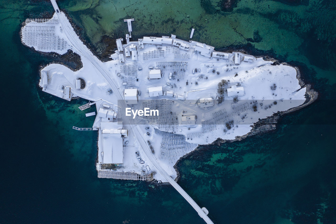 High angle view of snow covered island