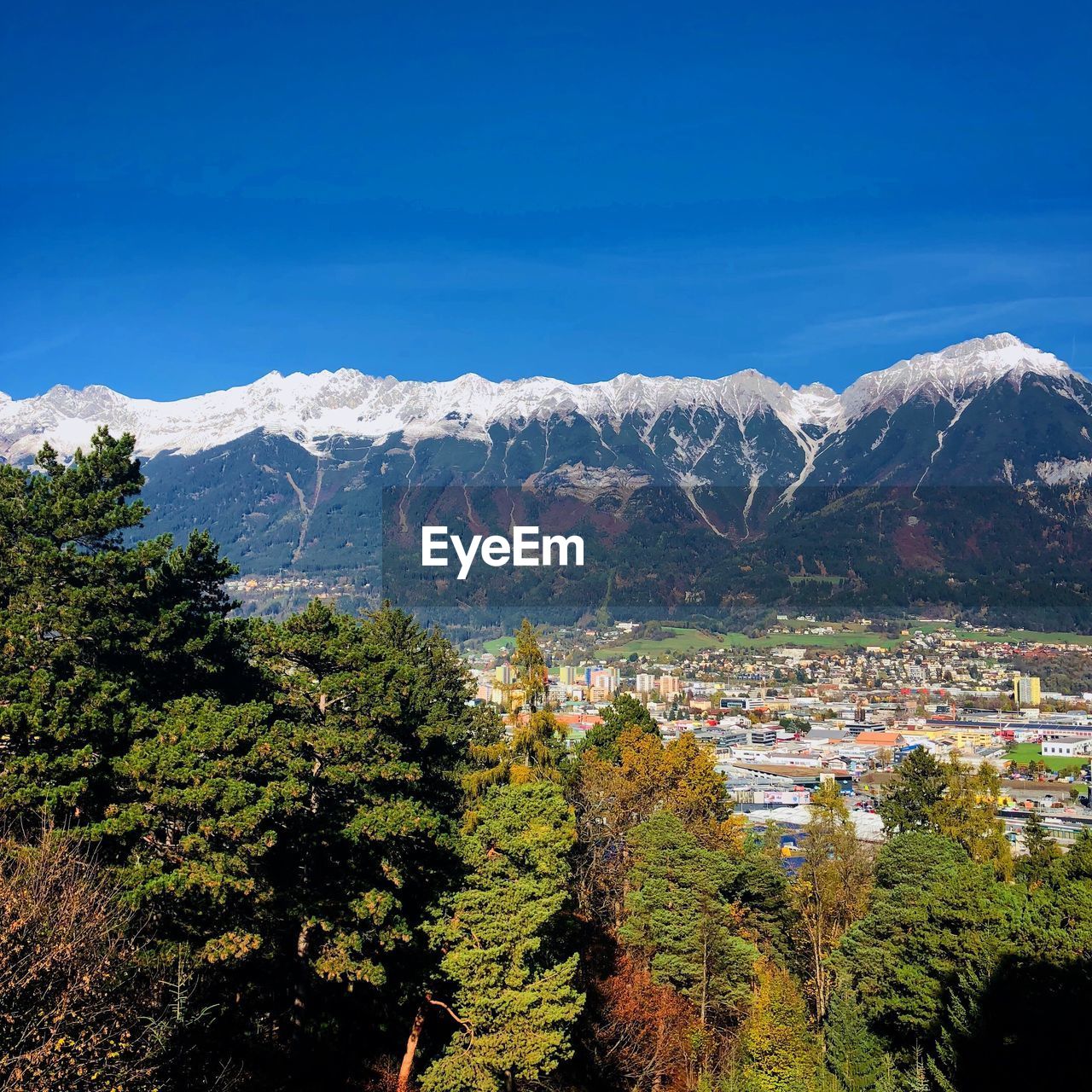 Scenic view of tree mountains against blue sky