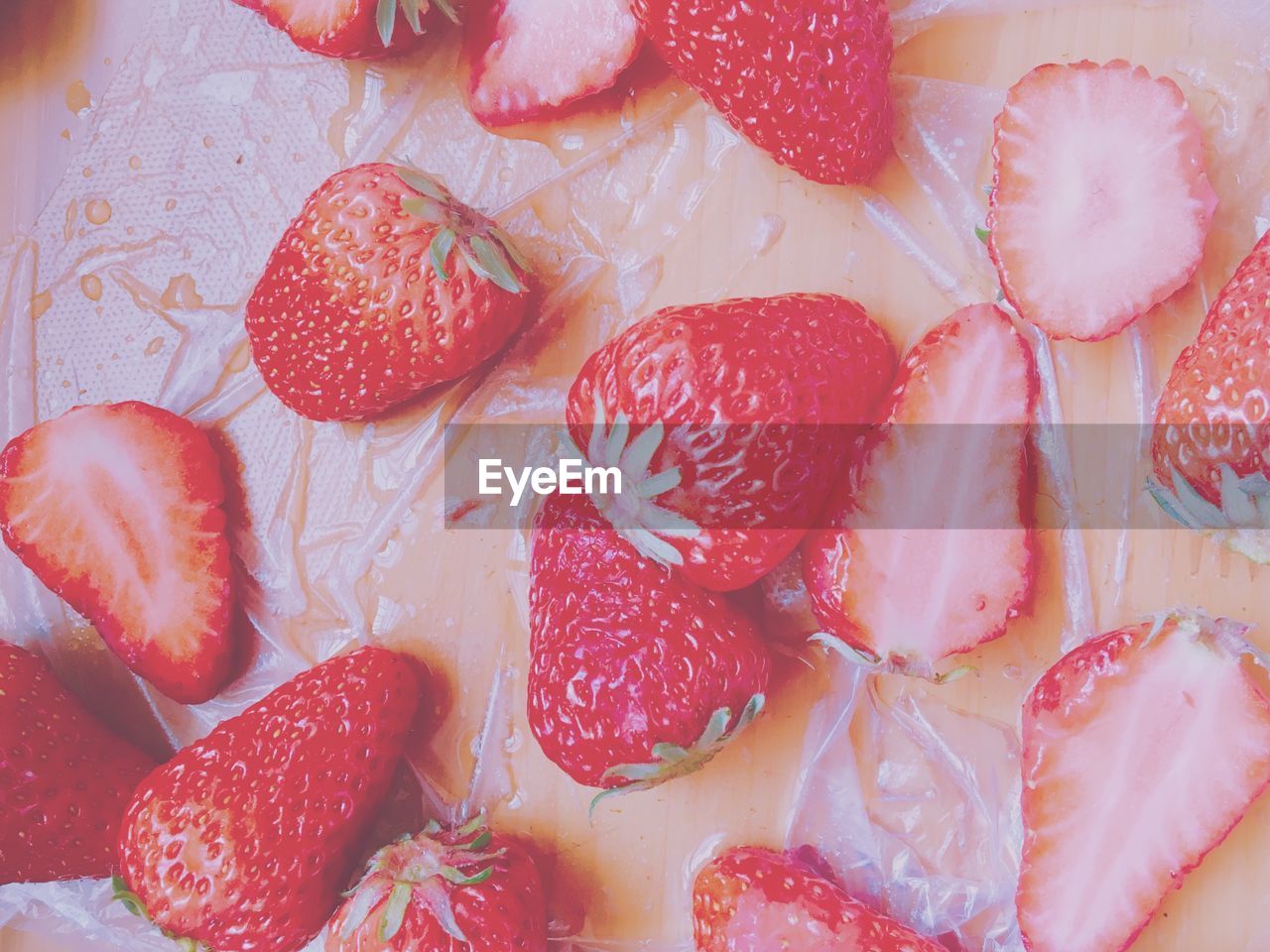 Close-up of strawberries on plastic