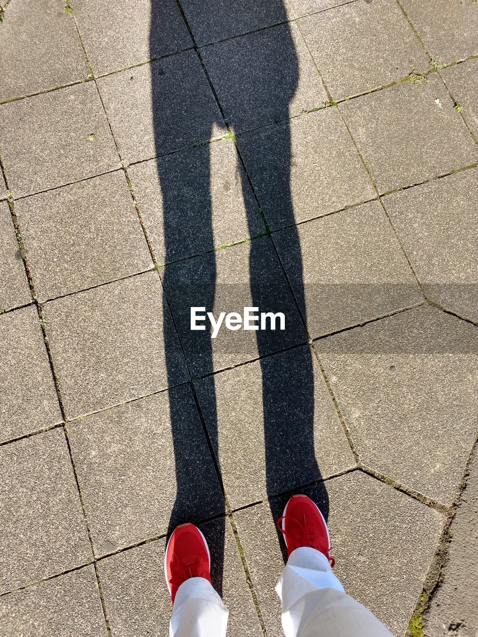 LOW SECTION OF MAN STANDING ON FOOTPATH BY SHADOW