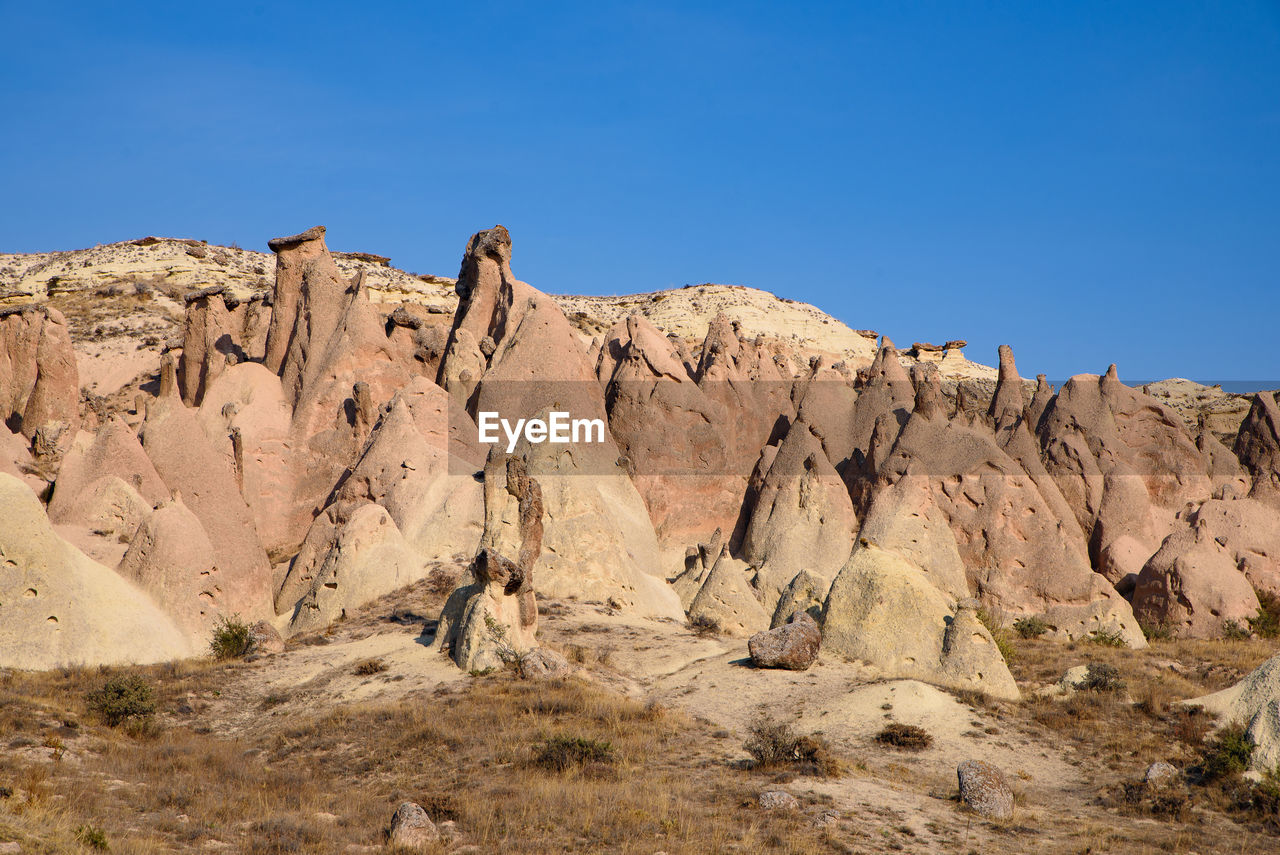 LOW ANGLE VIEW OF ROCKS AGAINST CLEAR SKY