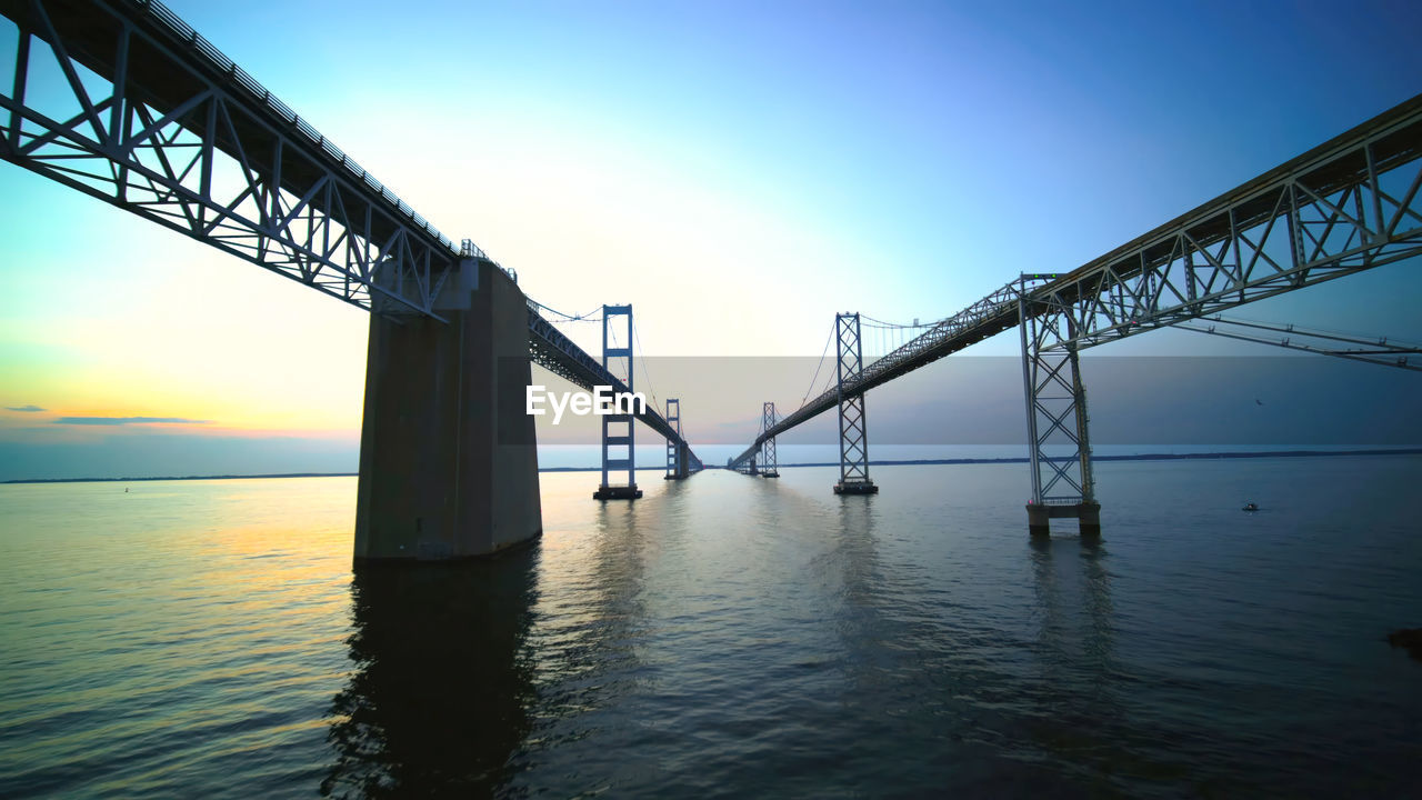 water, sky, bridge, architecture, built structure, sea, transportation, reflection, nature, blue, travel destinations, sunset, dusk, beauty in nature, no people, scenics - nature, horizon, outdoors, travel, city, tranquility, twilight, cloud, evening, tranquil scene, sunlight, tourism, silhouette, industry, horizon over water, environment