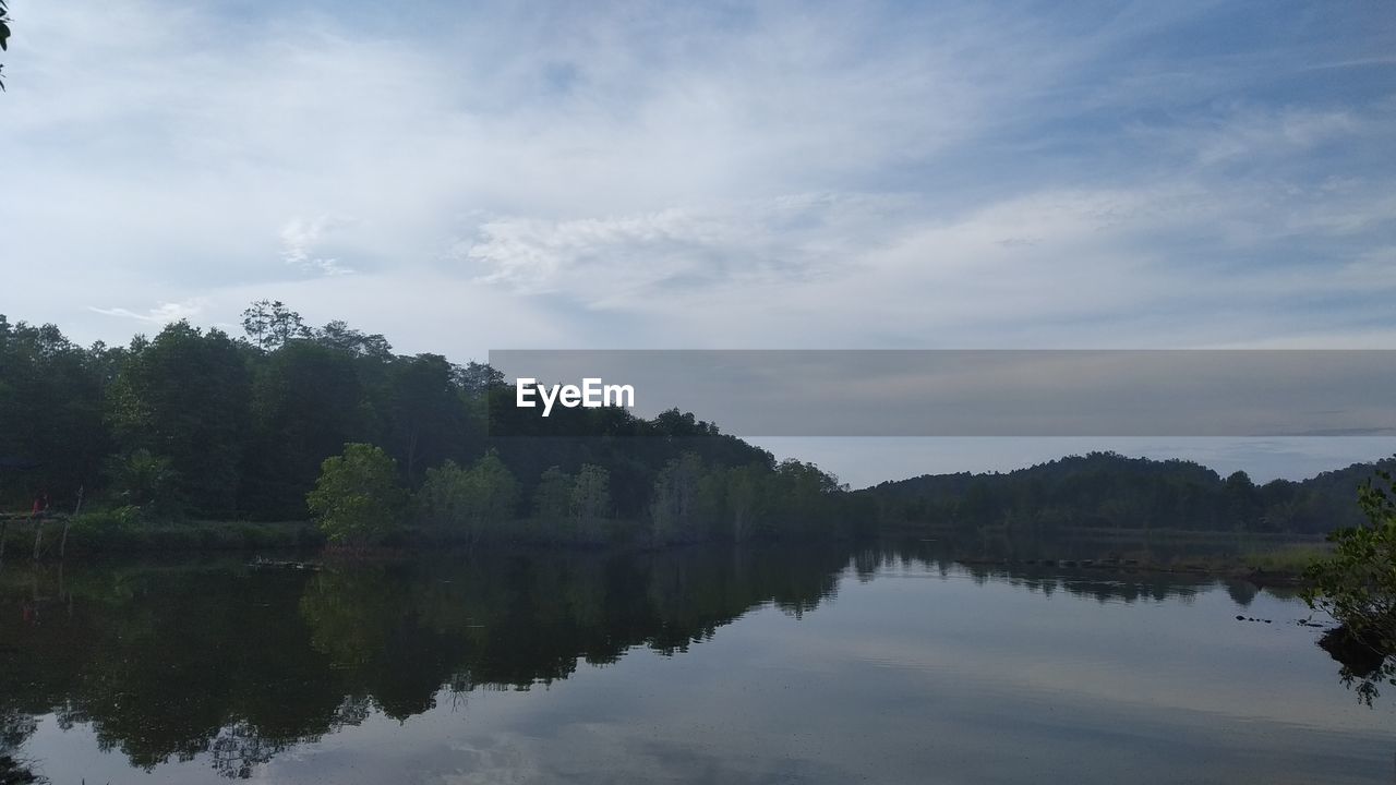 REFLECTION OF TREES IN LAKE AGAINST SKY