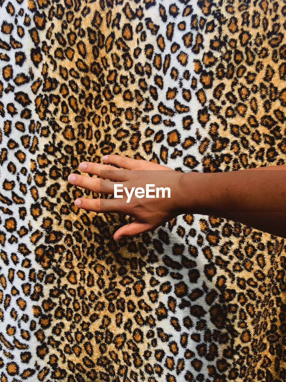 Cropped hand against leopard print fabric