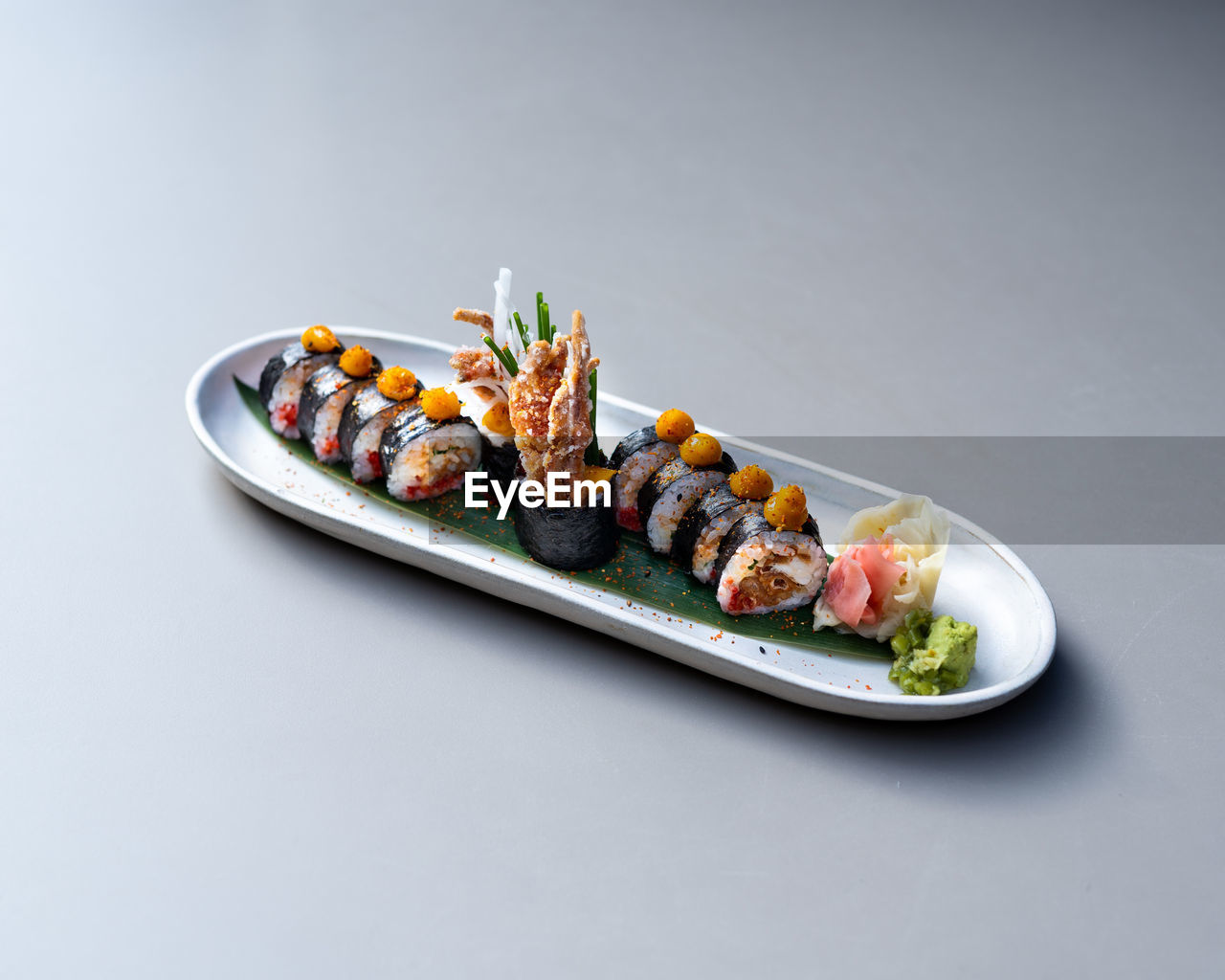 high angle view of sushi on white background