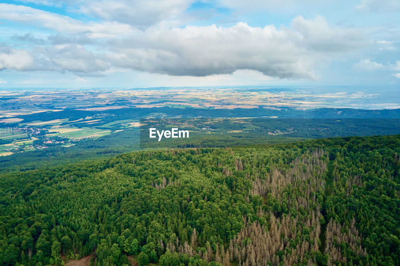 Sleza mountain landscape. aerial view of mountains with forest.