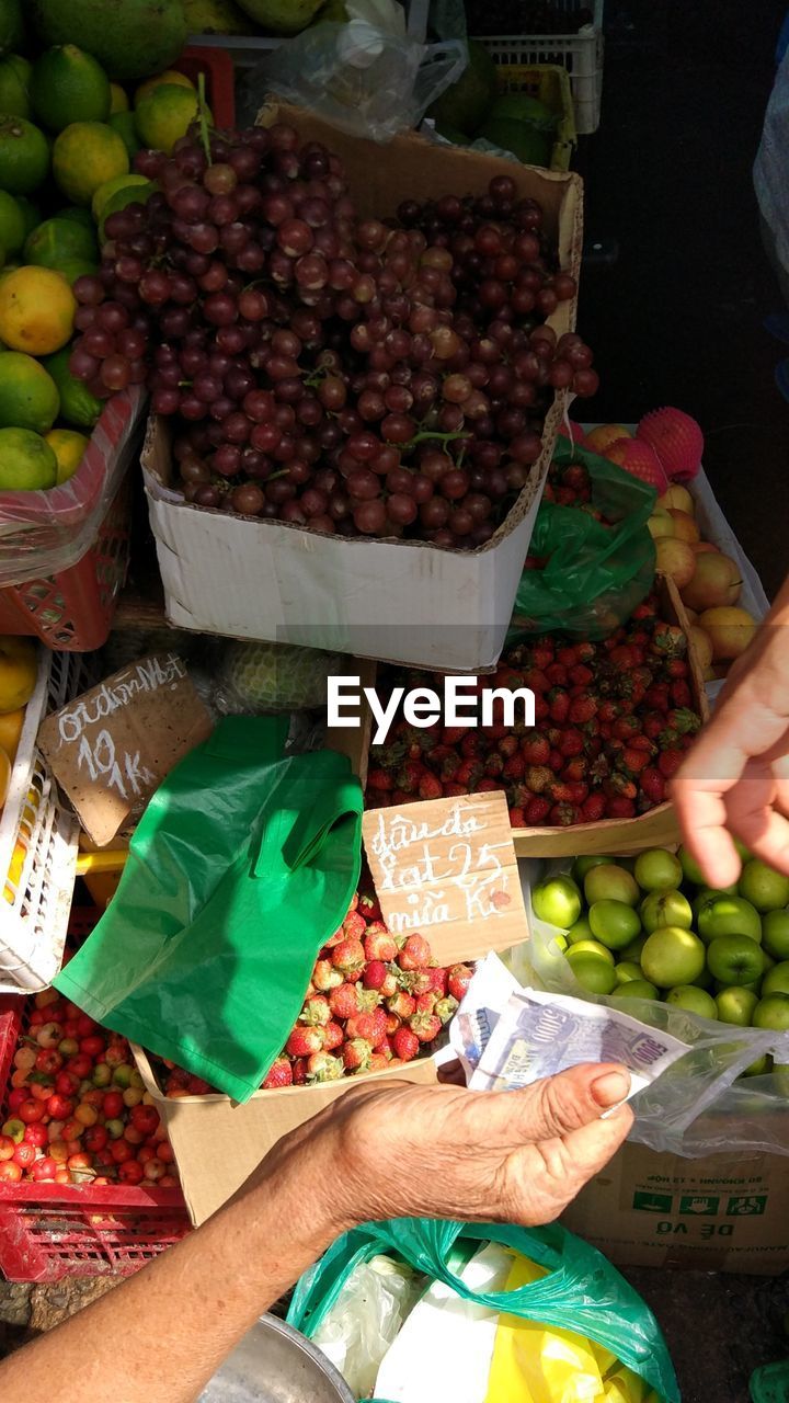 HIGH ANGLE VIEW OF VARIOUS FRUITS FOR SALE AT MARKET STALL