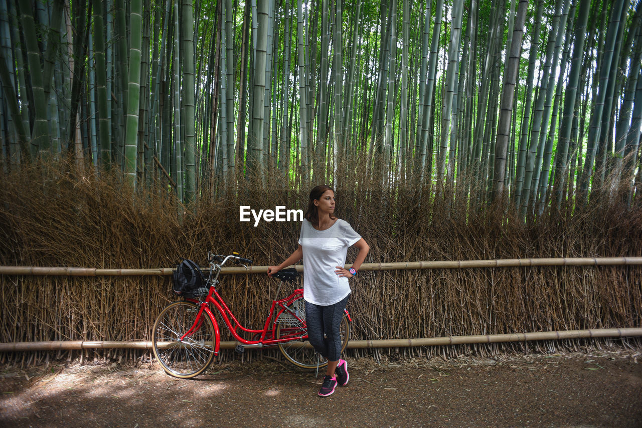 Attractive young caucasian woman with her bicycle looking up at trees in landmark arashiyama bamboo grove forest in kyoto, japan