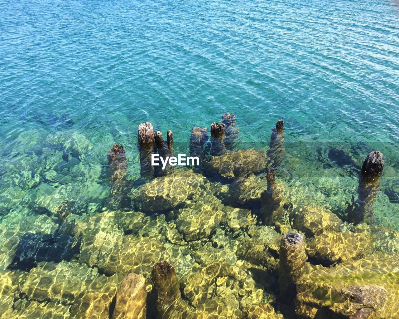 High angle view of old dock remains in lake