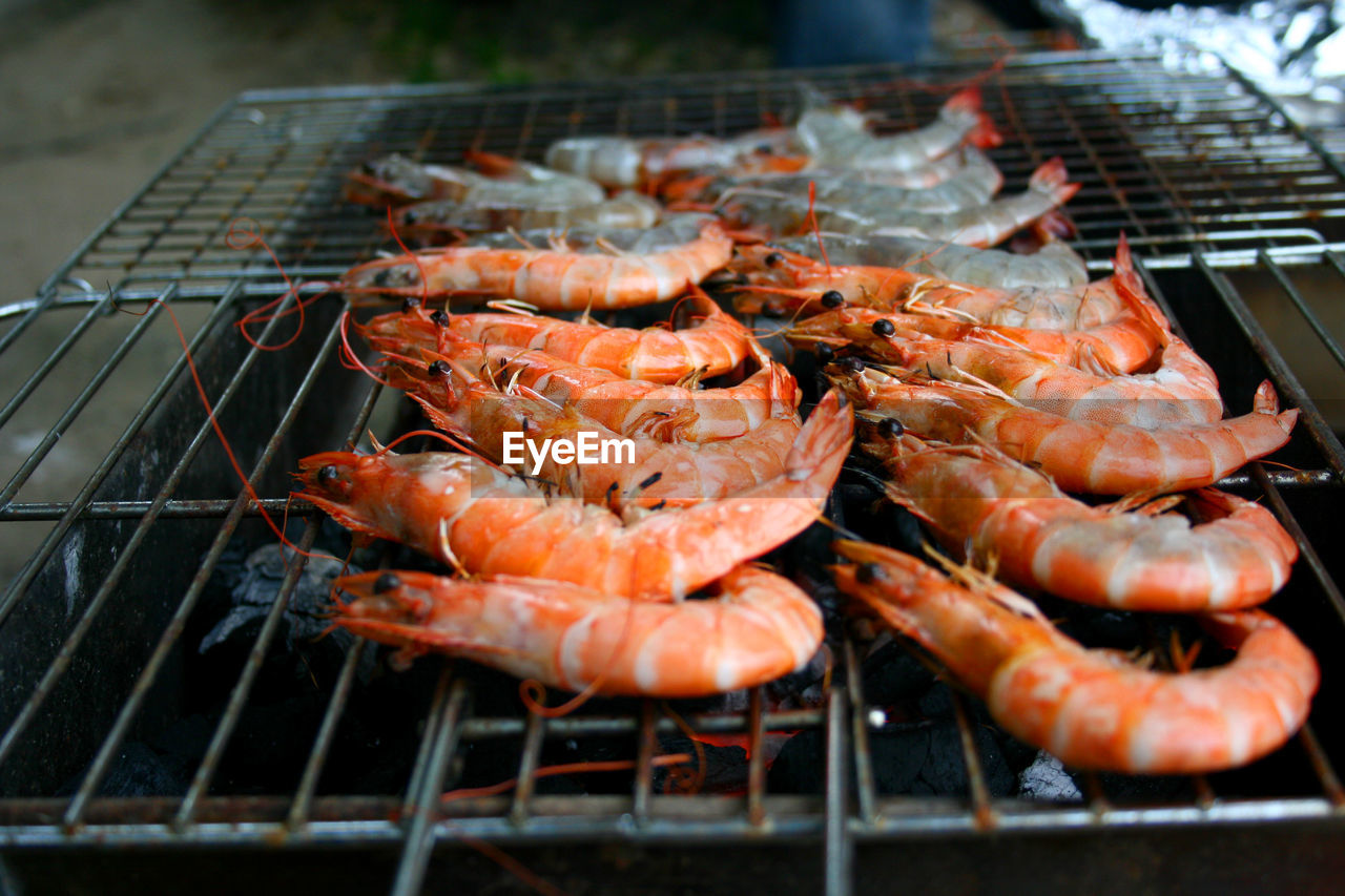 Close-up of shrimp on barbecue grill