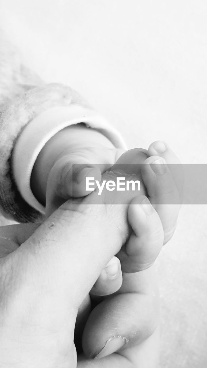 CLOSE-UP OF BABY HANDS ON FINGER