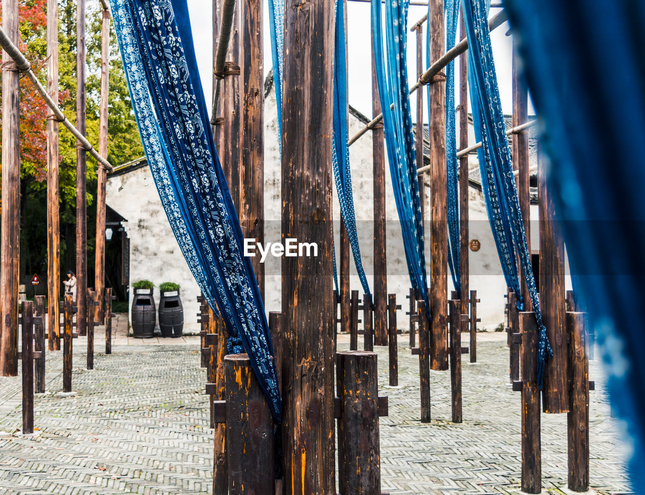 CLOSE-UP OF BLUE HANGING AGAINST TREES