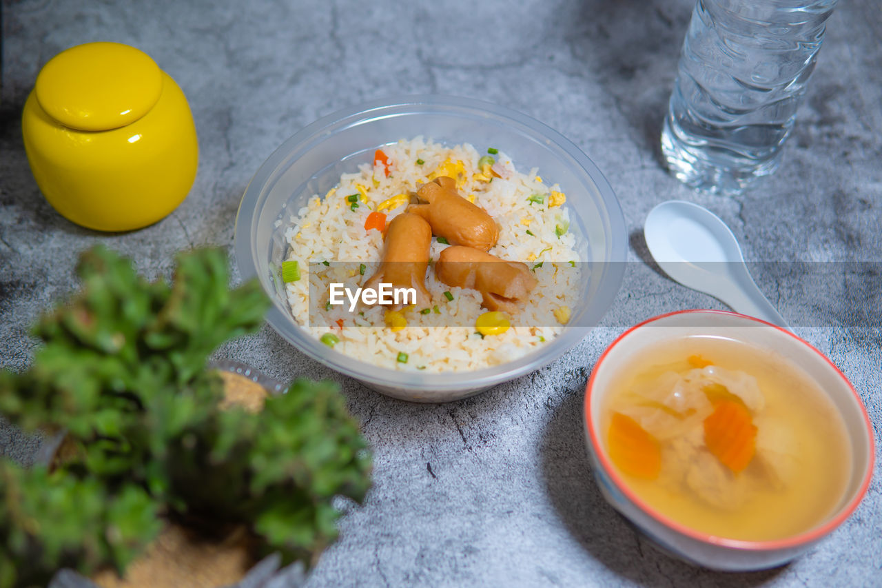 High angle view of food served on table