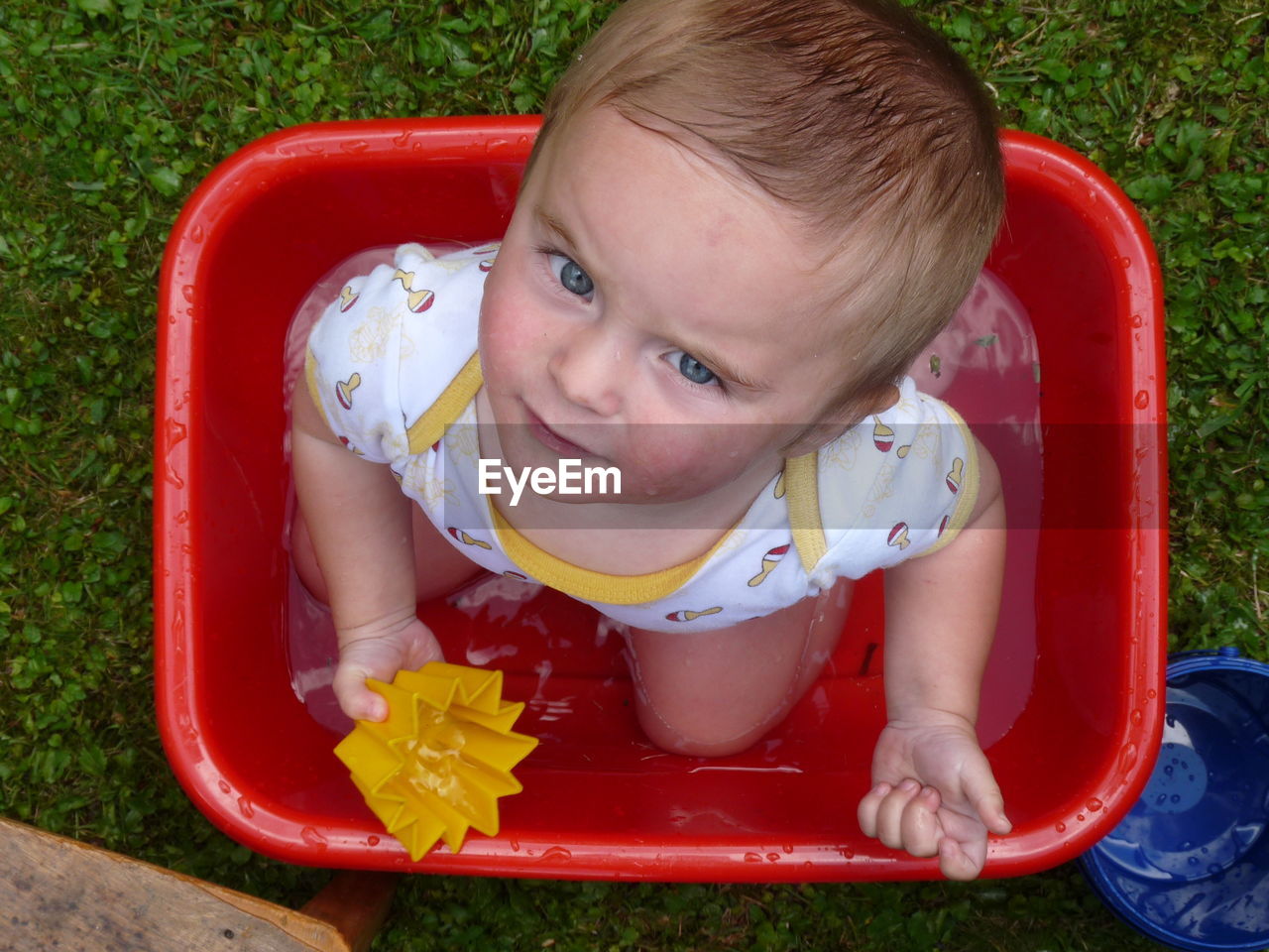 Directly above portrait of baby boy in container