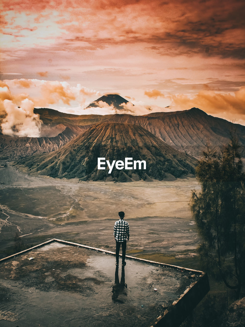 Rear view of man standing against mount bromo