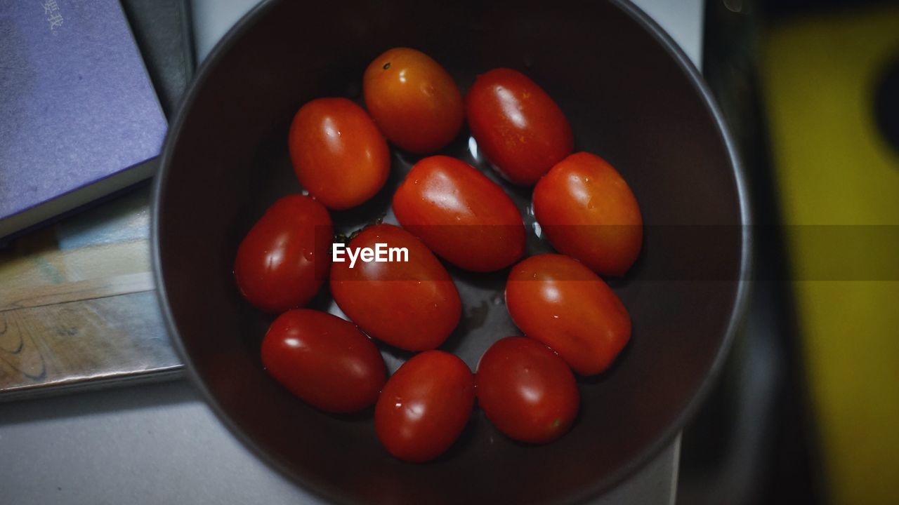 High angle view of tomatoes in bowl