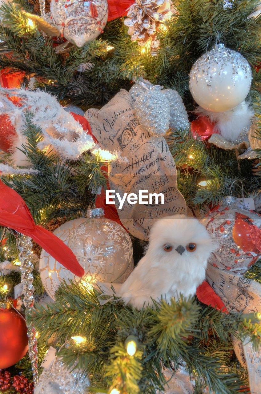 High angle view of christmas tree with decorations