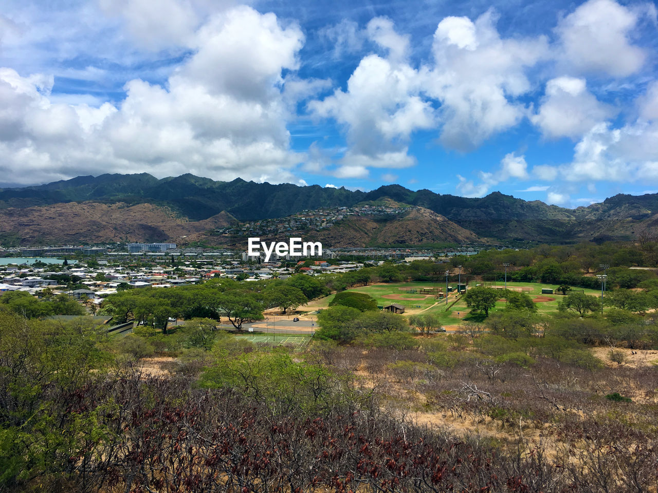 Scenic view of landscape and mountains against sky