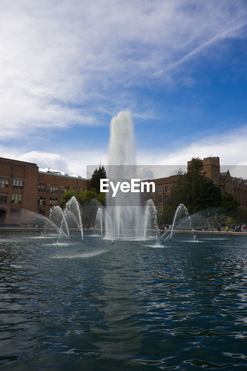 water, architecture, fountain, motion, water feature, built structure, reflection, splashing, sky, building exterior, nature, spraying, cloud, city, travel destinations, long exposure, outdoors, building, no people, travel, sea, day, waterfront, landmark, ice, tourism