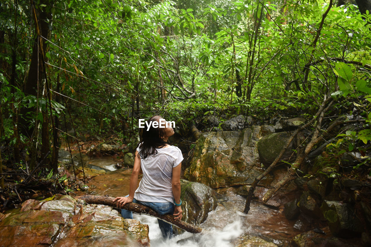 Rear view of woman sitting by waterfall in forest