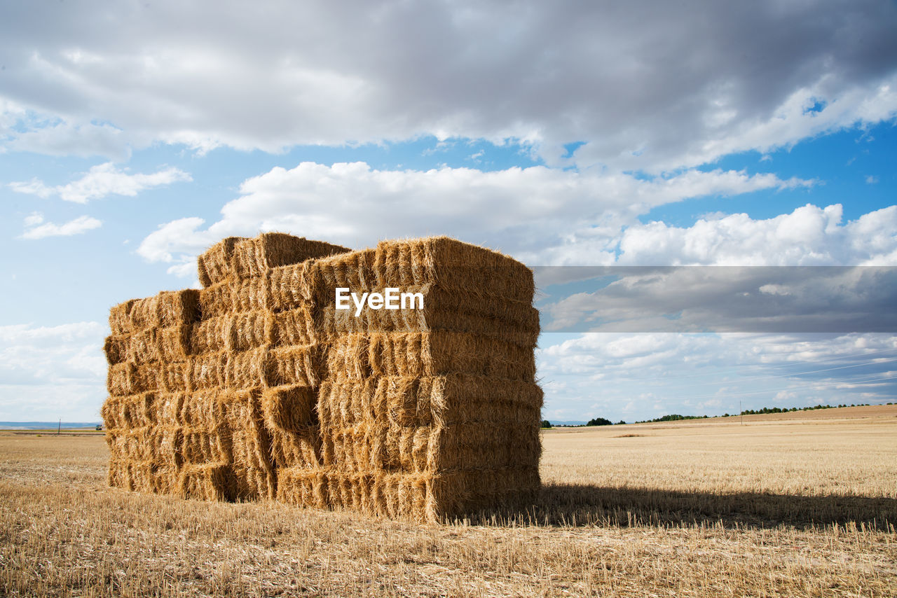 Country landscape with a dry haystack with blue sky and some clouds